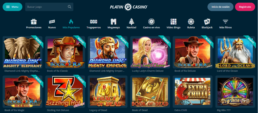 juegos disponibles en Platin Casino
